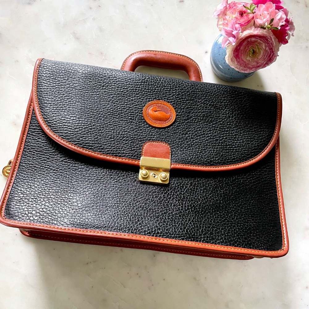 Dooney & Bourke Black Pebbled Leather & Equestrian Rouge Brown Briefcase
